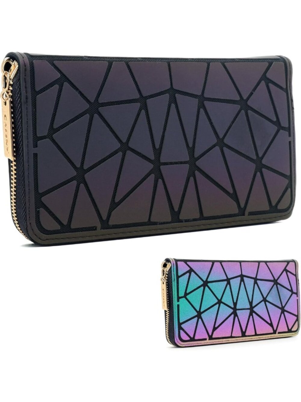 Luminous Geometric Wallet for Women - Holographic Zipper Clutch with Coin Pocket